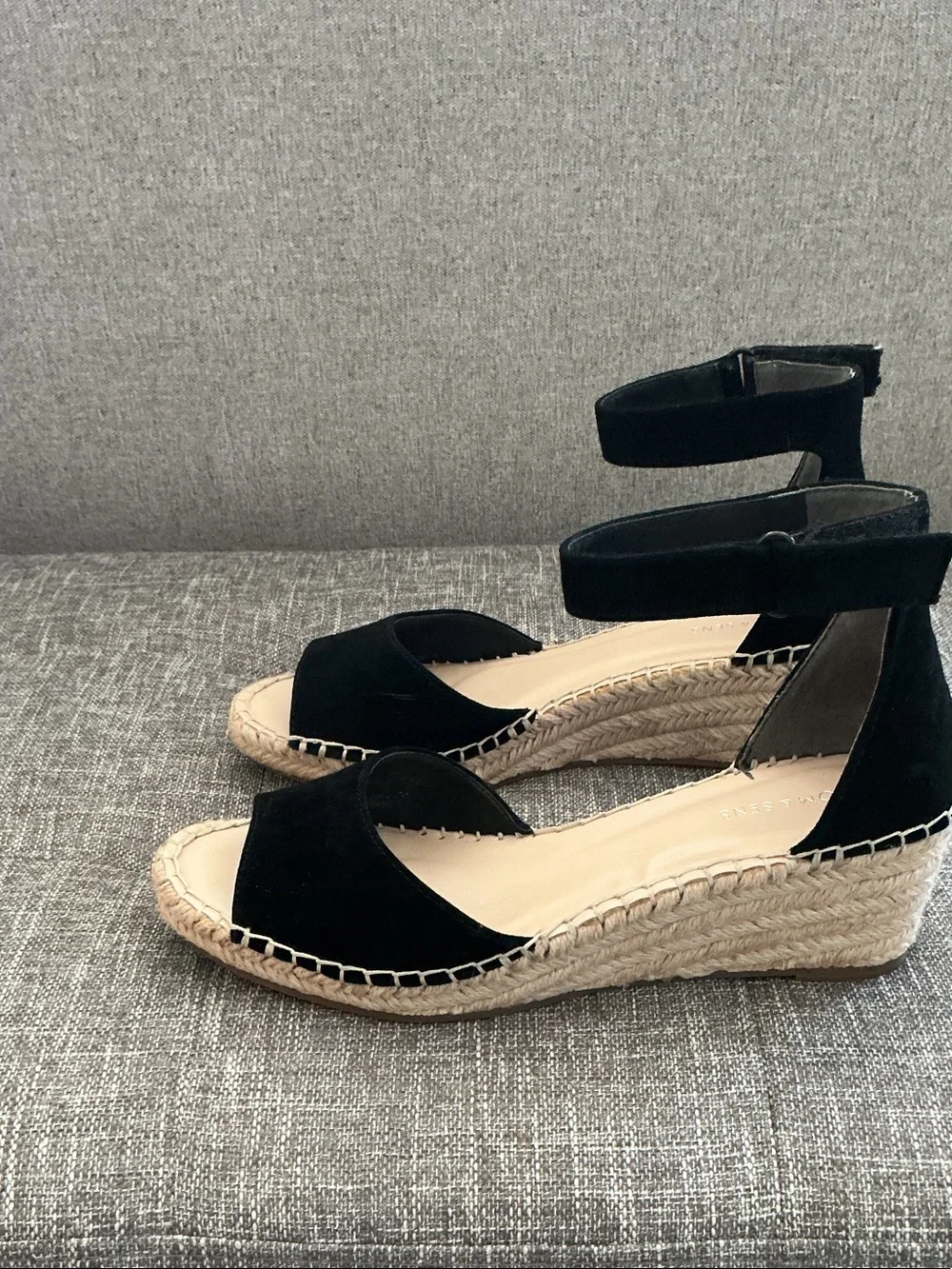 Black Suede Espadrille Wedge Sandals with Ankle Strap